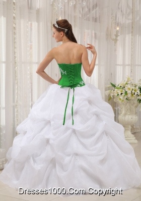 Strapless Organza Appliques White and Green Quinces Dresses with Pick-ups