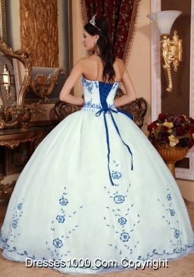 Strapless OrganzaWhite Quinceanera Dress with Blue Embroidery