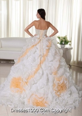 Sweetheart Court Train Organza Appliques and Ruffles White Sweet Sixteen Dresses