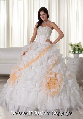 Sweetheart Court Train Organza Appliques and Ruffles White Sweet Sixteen Dresses