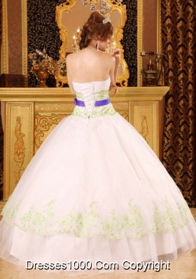 White Strapless Organza Green Embroidery Dress For Quinceaneras