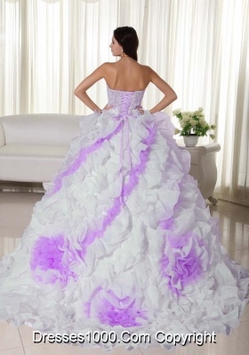 White Sweetheart Sweep Train Organza Appliques Quincenera Dresses with Ruffles