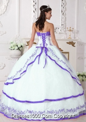 Classic White Sweet 16 Dresses with Beading and Purple Embroidery