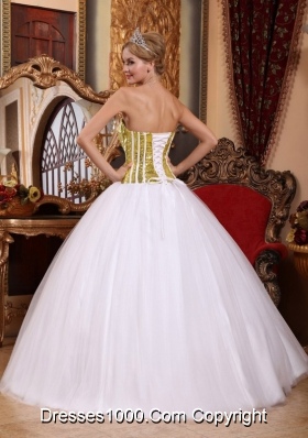 Elegant White Princess Strapless Gold Squins Dresses For 15