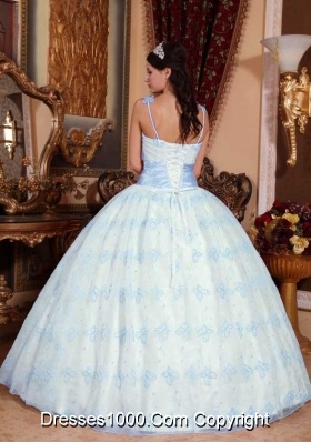 Puffy Spaghetti Straps Blue Embroidery Sweet Sixteen Dresses