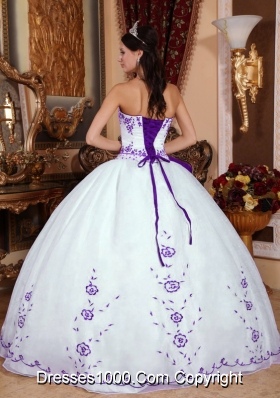 Puffy Strapless Organza White Quinceanera Dress with Purple Embroidery