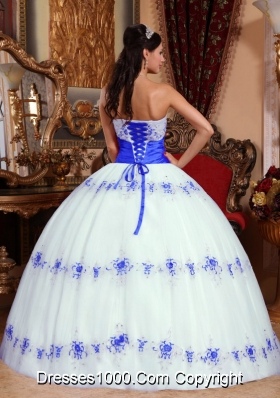 White and Blue Ball Gown Strapless Appliques Quinceanera Gowns