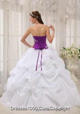 White and Eggplant Purple Strapless Appliques Dresses For a Quinceanera