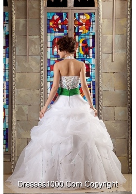 White Halter Organza Quinceanera Gown Dresses with Beading and Green Flower Belt