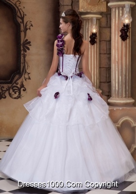 White Princess One Shoulder Quinceanera Gowns with Purple Hand Made Flowers