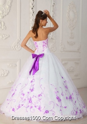 White Princess Strapless Quinceanera Dress with Purple Embroidery