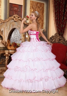 White Strapless Detachable Train Organza Appliques and Layers Dresses For a Quinceanera