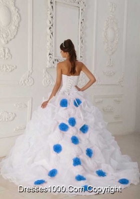 White Strapless Sweep Train Organza Sweet 15 Dresses with Blue Hand Made Flower