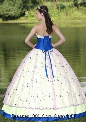 Flower Decorate Strapless White and Blue Quinceneara Dresses