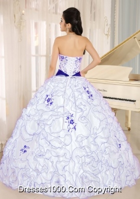 White Strapless Quincenera Dresses with Purple Embroidery and Organza Ruffles