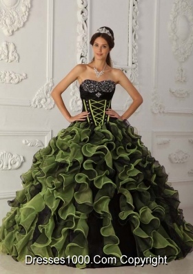 2014 Beautiful Green Puffy Sweetheart Beading Quinceanera Dresses with Ruffles