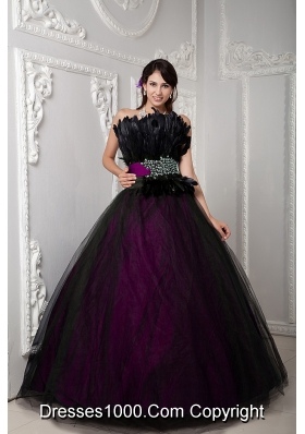 2014 Popular Colourful Puffy Strapless Beading Quinceanera Dress with Feather