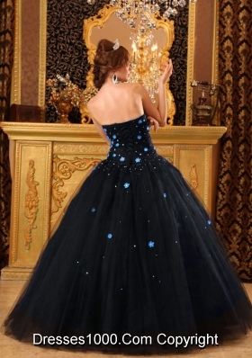 2014 Popular Puffy Strapless Appliques Black Quinceanera Dress with Beading