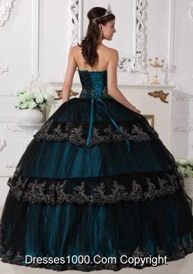 Aqua Blue Ball Gown Strapless Floor-length Taffeta and Tulle Appliques Quinceanera Dress