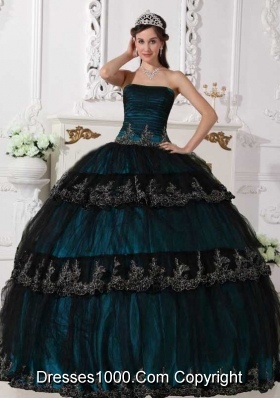 Aqua Blue Ball Gown Strapless Floor-length Taffeta and Tulle Appliques Quinceanera Dress