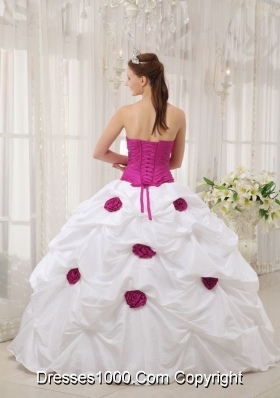 Beaded Strapless White Sweet 15 Dresses with Fuchsia Hand Made Flower