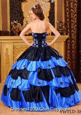 Black And Blue Ball Gown Strapless Floor-length Taffeta Beading Quinceanera Dress