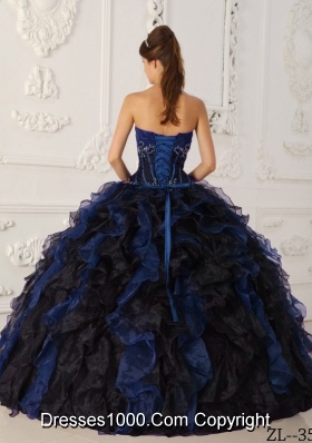 Blue and Black Ball Gown Strapless Floor-length Taffeta and Organza Beading Quinceanera Dress