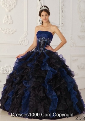 Blue and Black Ball Gown Strapless Floor-length Taffeta and Organza Beading Quinceanera Dress