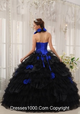 Elegant Halter Hand Flowers Quinceanera Dresses in Blue and Black