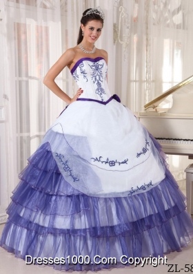 Pretty Sweetheart White Quinceanera Dress with Purple Embroidery