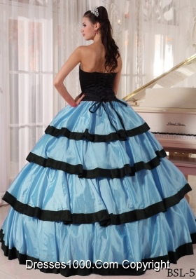 Puffy Strapless Blue and Black 2014 Quinceanera Gowns with Ruffled Layers