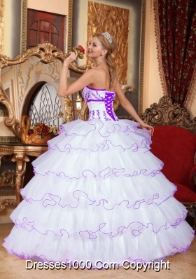 Strapless Detachable Train Organza Appliques White Quinceanera Dress with Layers