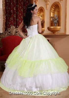 White Organza Yellow Green Embroidery Sweet Sixteen Quinceanera Dresses