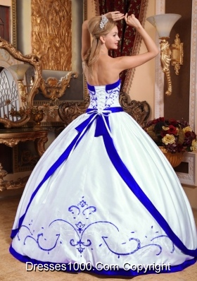 White Strapless Puffy Quinceanera Dress with Purple Embroidery