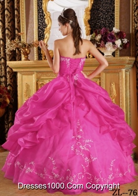 2014 Hot Pink Ball Gown Strapless Pretty Quinceanera Dresses with Embroidery