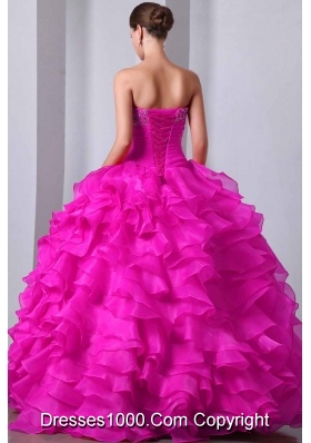 2014 Hot Pink Princess Sweetheart Quinceanea Gown with Beading