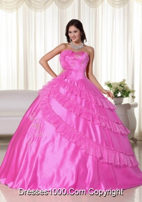 2014 Pretty Hot Pink Puffy Strapless Quinceanera Dresses with  Embroidery