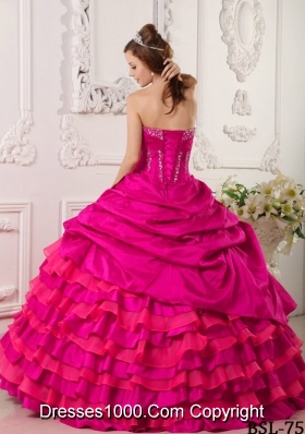 Puffy Strapless Beading 2014 Quinceanera Dresses in Hot Pink