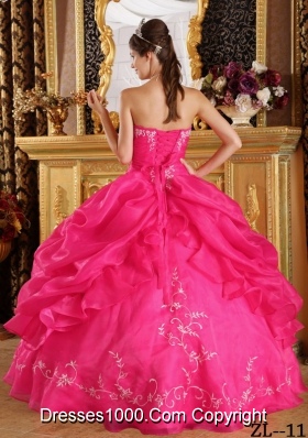 Coral Red Ball Gown Strapless Quinceanera Dress  with  Embroidery Organza