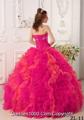 Coral Red Ball Gown Sweetheart Quinceanera Dress with  Organza Appliques Beading