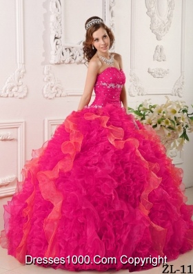Coral Red Ball Gown Sweetheart Quinceanera Dress with  Organza Appliques Beading