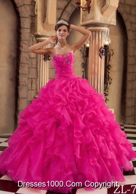 Coral Red Ball Gown Sweetheart Quinceanera Dress with Ruffles Organza