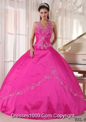 Hot Pink Ball Gown Halter Quinceanera Dress with  Taffeta Appliques