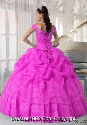 Hot Pink Ball Gown Off The Shoulder Quinceanera Dress with  Taffeta Organza Beading