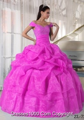 Hot Pink Ball Gown Off The Shoulder Quinceanera Dress with  Taffeta Organza Beading