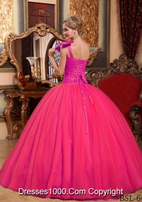 Hot Pink Ball Gown One Shoulder Quinceanera Dress with Tulle Beading