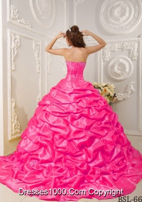 Hot Pink Ball Gown Strapless Court Train Quinceanera Dress with Taffeta Appliques Beading