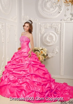 Hot Pink Ball Gown Strapless Court Train Quinceanera Dress with Taffeta Appliques Beading