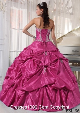 Hot Pink Ball Gown Strapless Quinceanera Dress with  Taffeta Appliques