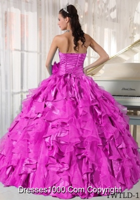 Hot Pink Ball Gown Sweetheart Quinceanera Dress with Organza Beading